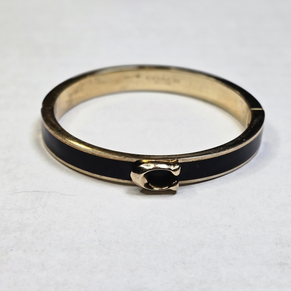 Coach Black Enameled Hinged Bangle Gold Plated Brass Black Enamel Side Clasp - Picture 3 of 8